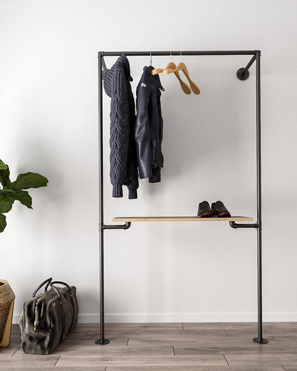 Maacah Pipe Clothes Rail Wall Mounted System, showcasing its sleek design and versatility for clothing and shoe storage.