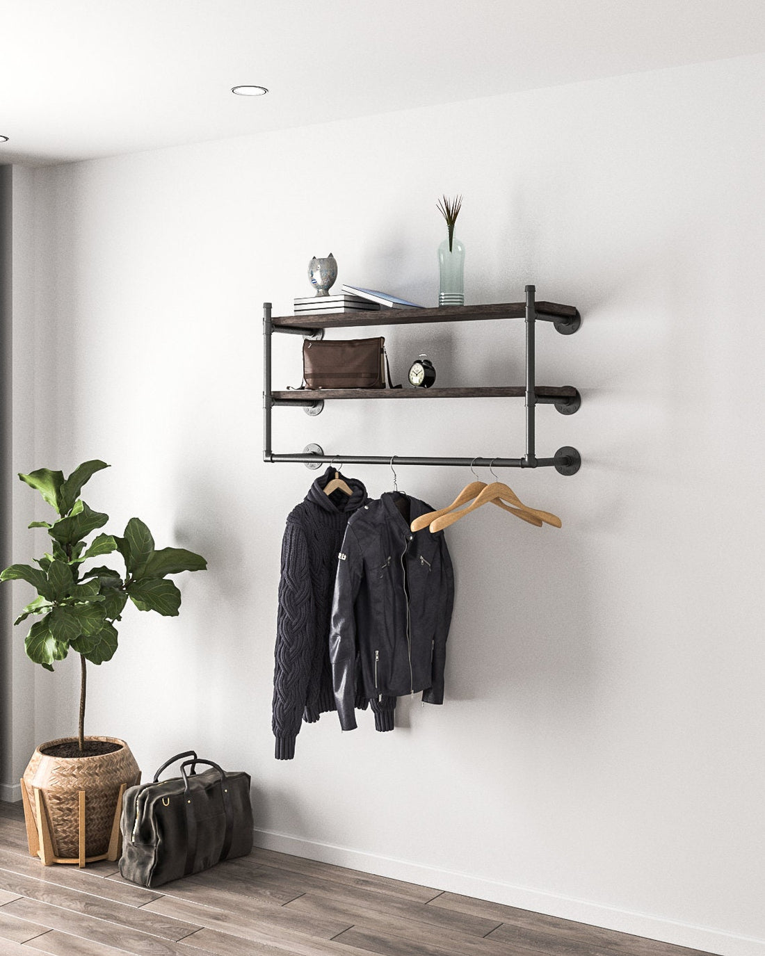 Retro Clothing Rack with Wood Shelves, a wall-mounted garment storage solution with shelves for shoes, hats, and other items, easy to assemble and install.