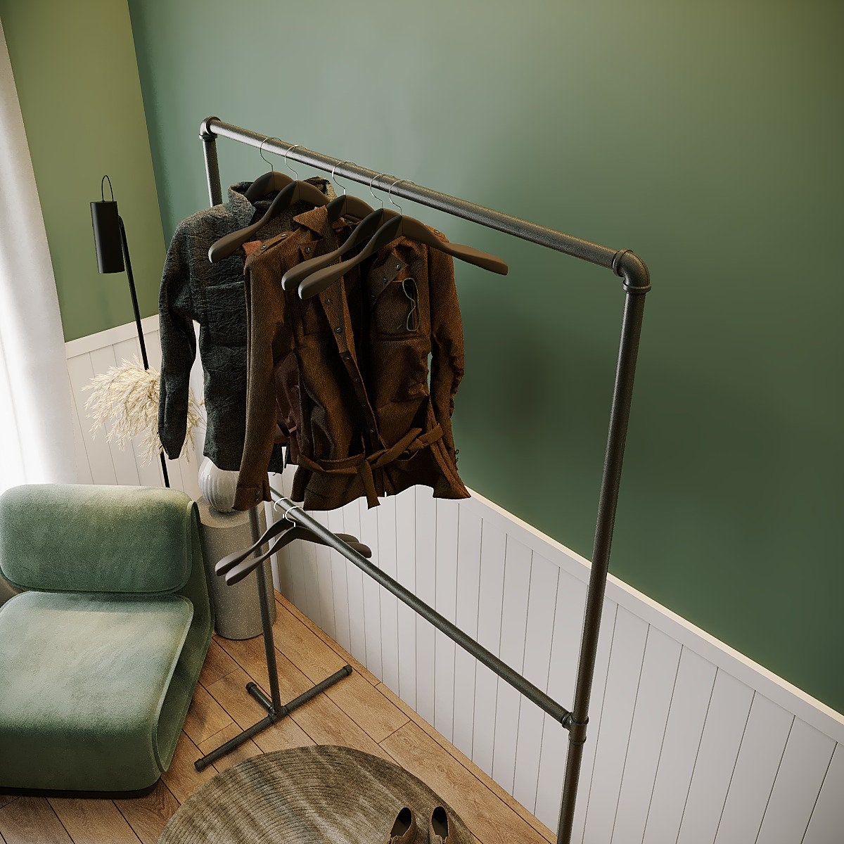 Aspa Clothing Rack, a versatile and collapsible two-level free-standing pipe clothes rack, suitable for retail or home use.