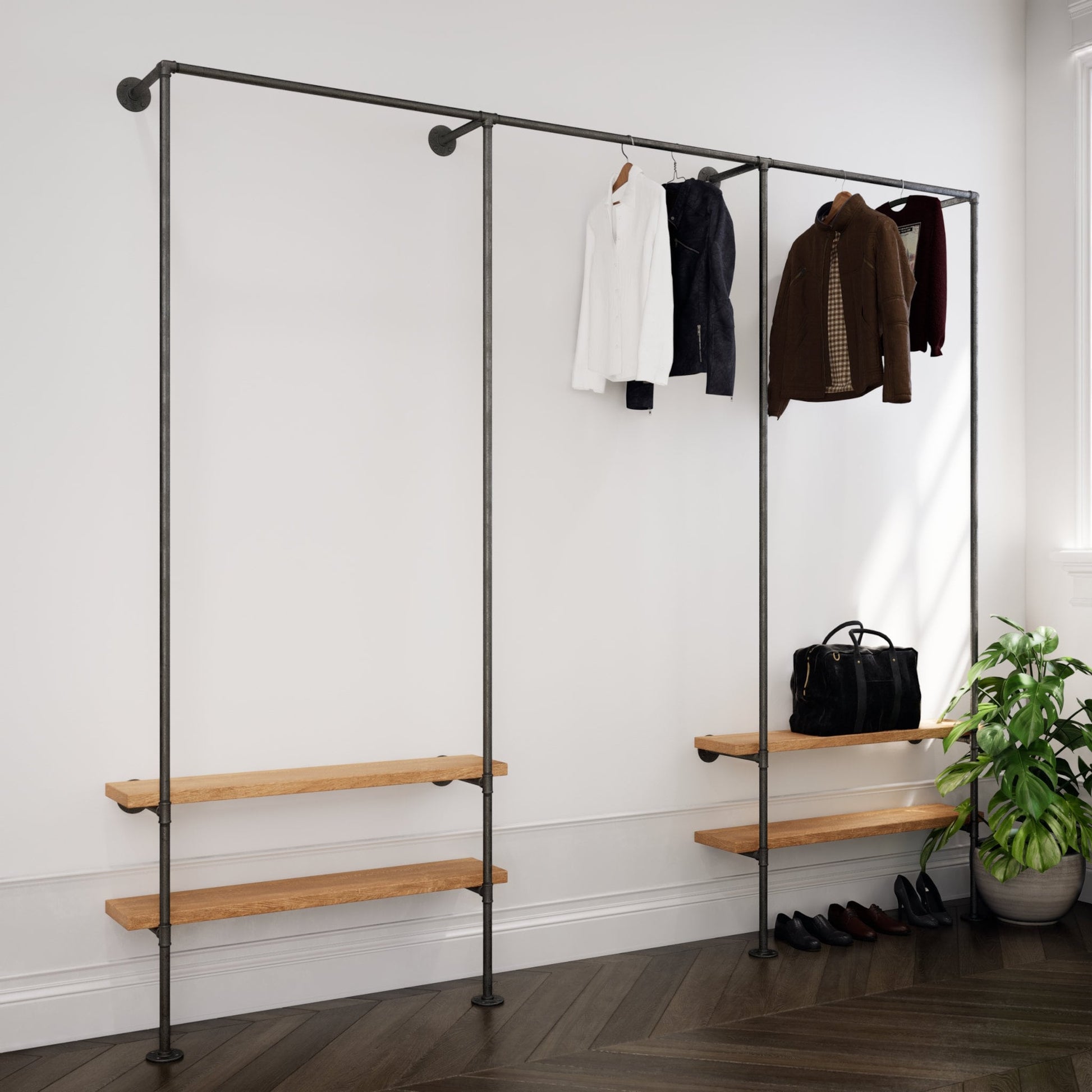A versatile Walk-In Open Wardrobe System with clothes rack and hanging rail, highlighting its open closet design.
