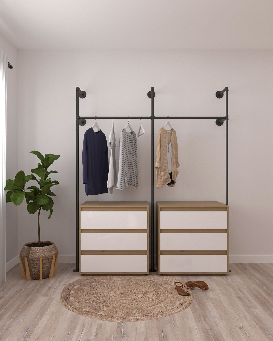 Glide Pipe Garment Rack wall-mounted, showcasing its industrial design and functionality for hanging clothing